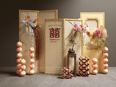 Traditional Chinese Floral Decor With Screens Double Happiness Lanterns And Pink Flowers 3d model