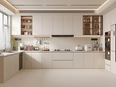 Bright Modern Kitchen Interior Design Featuring White Cabinets Glass Door Display And Appliances 3d model
