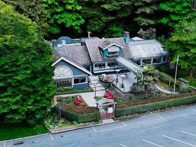 Detached Villa In Wooded Surroundings With Gray Roof Blue Exterior And Front Garden Parking 3d model