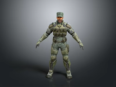 Man in Military Camouflage Uniform with Tactical Gear Standing Against Gray Background 3d model