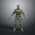 Man in Military Camouflage Uniform with Tactical Gear Standing Against Gray Background
