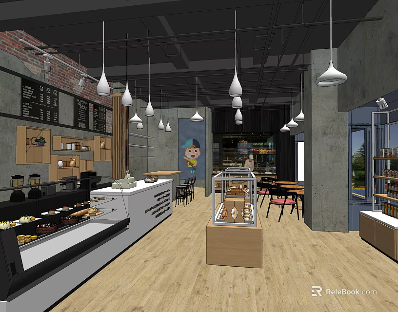 Industrial Style Dessert Shop Interior With White Pendant Lights Glass Display Cases And Wooden Floors 3d model 