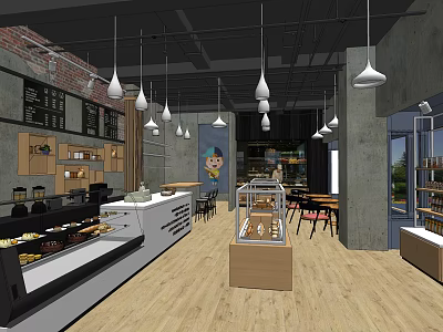 Industrial Style Dessert Shop Interior With White Pendant Lights Glass Display Cases And Wooden Floors 3d model