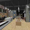 Industrial Style Dessert Shop Interior With White Pendant Lights Glass Display Cases And Wooden Floors
