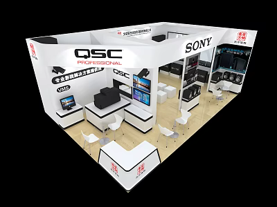 Modern Exhibition Booth Setup Featuring QSC SONY Brand Logos And Product Displays 3d model