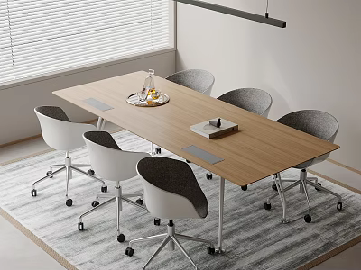 Modern Office Desk With Six Rolling Chairs Tray Notebook And Carpet Interior Design 3d model