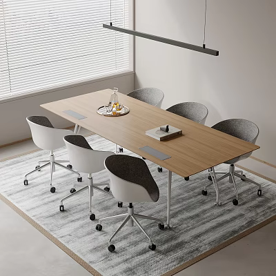 Modern Office Desk With Six Rolling Chairs Tray Notebook And Carpet Interior Design 3d model