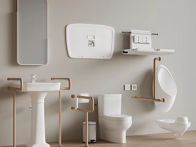 Modern Bathroom Interior Featuring White Toilet Sink Mirror And Gold Handrails 3d model