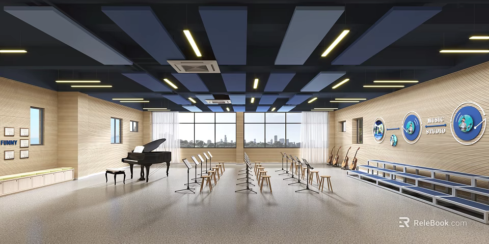 School Music Classroom With Grand Piano Music Stands And Stools 3d model 