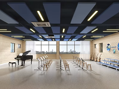 School Music Classroom With Grand Piano Music Stands And Stools 3d model