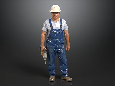 Man in White Hard Hat and Blue Overalls Holding Drill in Gray T-shirt 3d model