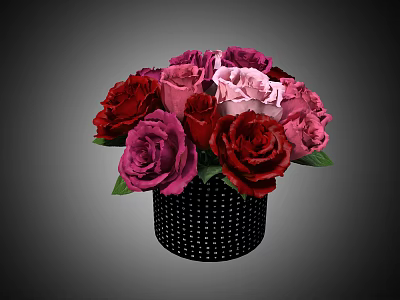 Black Polka Dot Vase With Red Pink Purple Roses And Green Leaves Floral Arrangement 3d model