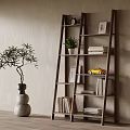 Wooden Ladder Shelf With Books Potted Plant Photo Frame Toy Car And Decorative Plant Near Neutral Wall