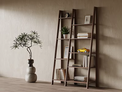 Wooden Ladder Shelf With Books Potted Plant Photo Frame Toy Car And Decorative Plant Near Neutral Wall 3d model