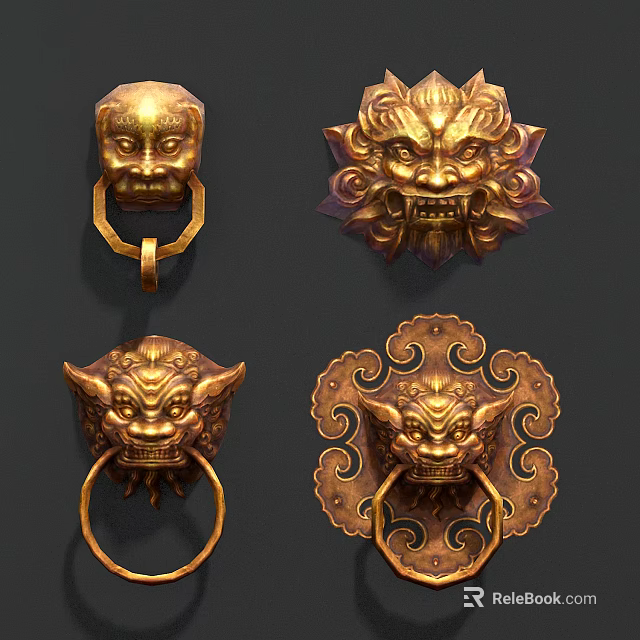 Traditional Chinese Lion Head Door Knobs With Golden Brass Decorative Elements 3d model
