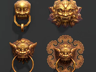 Traditional Chinese Lion Head Door Knobs With Golden Brass Decorative Elements 3d model