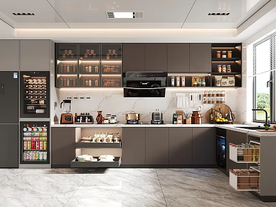 Modern Open Kitchen Interior Design With Cabinets Appliances And Marble Countertop 3d model