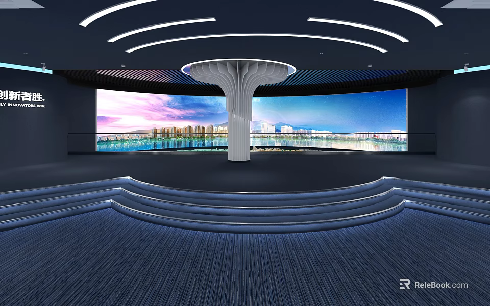 Modern Contemporary Indoor Space Interior With Curved Large Screen Central Column And Blue Carpet 3d model 