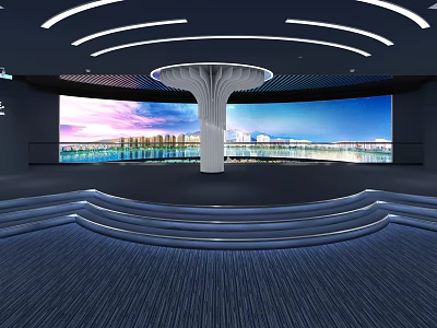 Modern Contemporary Indoor Space Interior With Curved Large Screen Central Column And Blue Carpet 3d model