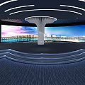 Modern Contemporary Indoor Space Interior With Curved Large Screen Central Column And Blue Carpet