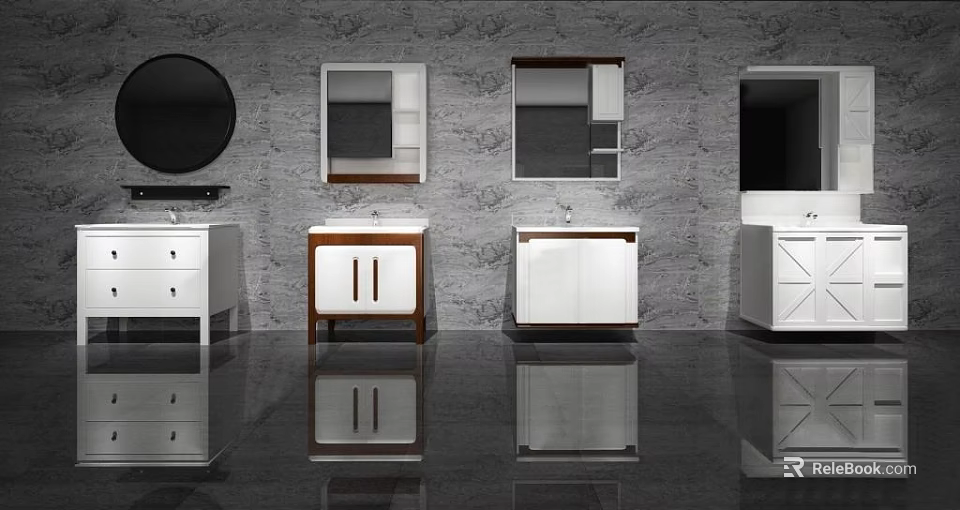 Stylish Washbasin Vanity Designs With Mirrors And Cabinets On Gray Patterned Wall 3d model