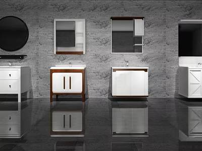 Stylish Washbasin Vanity Designs With Mirrors And Cabinets On Gray Patterned Wall 3d model