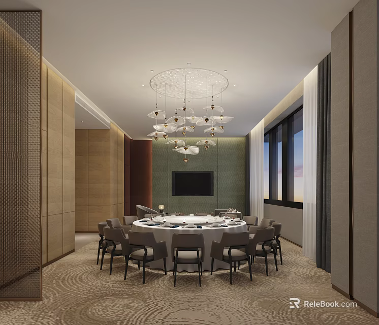Modern Private Dining Room Interior With Round Table Chandelier TV And Large Windows 3d model
