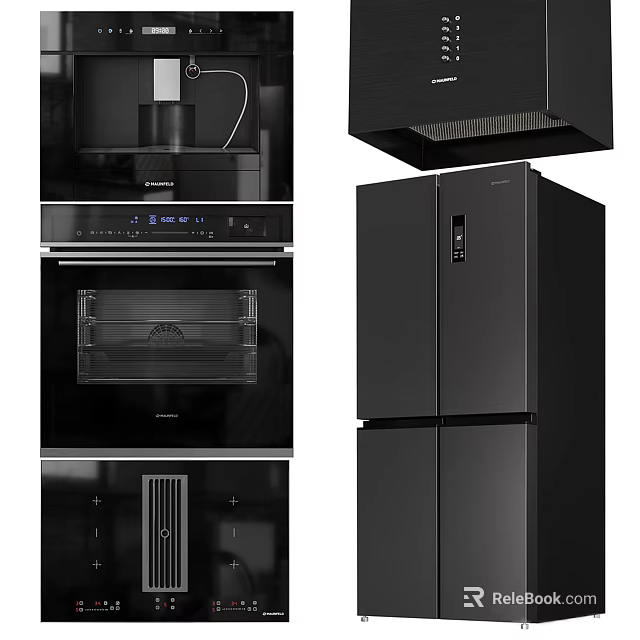 Sleek Black Modern Kitchen Appliances Including Range Hood Oven And Refrigerator 3d model 