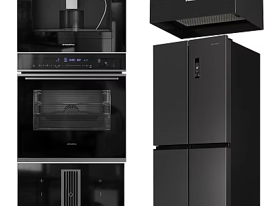 Sleek Black Modern Kitchen Appliances Including Range Hood Oven And Refrigerator 3d model