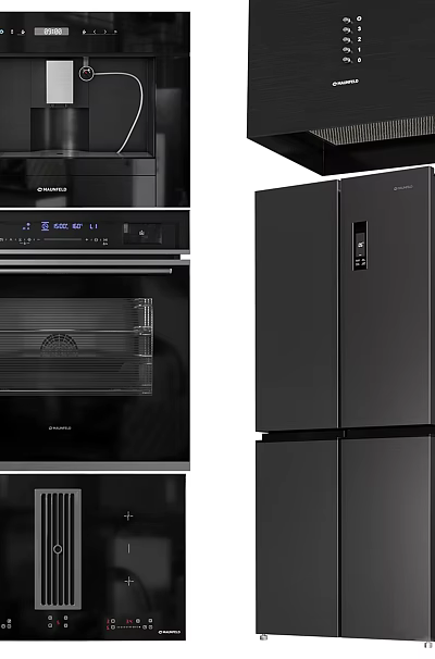Sleek Black Modern Kitchen Appliances Including Range Hood Oven And Refrigerator 3d model