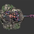 Colorful Fantasy Bird Creature With Red Saddle On Rock Base And Green Plants