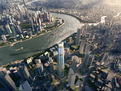 Aerial Planning View of City With River Tall Buildings and Urban Layout 3d model