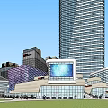 Modern Commercial Landscape With High Rise Buildings And Urban Plaza Design