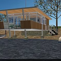 Wooden House with Large Windows and Veranda by Water with Moored Boat Near Trees