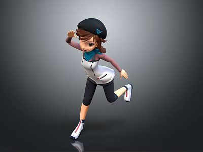 Young Girl Wearing Black Cap Running With White Vest Blue Scarf Black Pants White Shoes 3d model