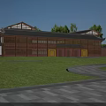 Traditional Chinese Ancient Architecture With Classic Roof Wooden Structure Yellow Doors And Green Lawn