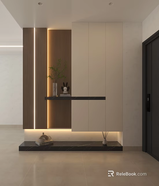 Modern Shoe Cabinet Design For Entryway With Wooden Panels Open Shelf And LED Strip Lighting 3d model 