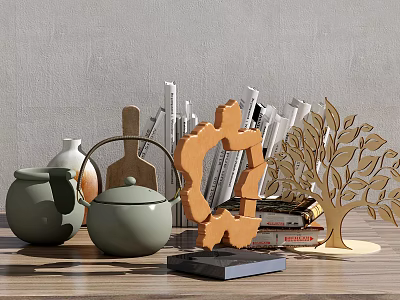 Elegant Decorative Ornament Set With Green Teapot Tree Shaped Decor Geometric Ornament And Stacked Books 3d model