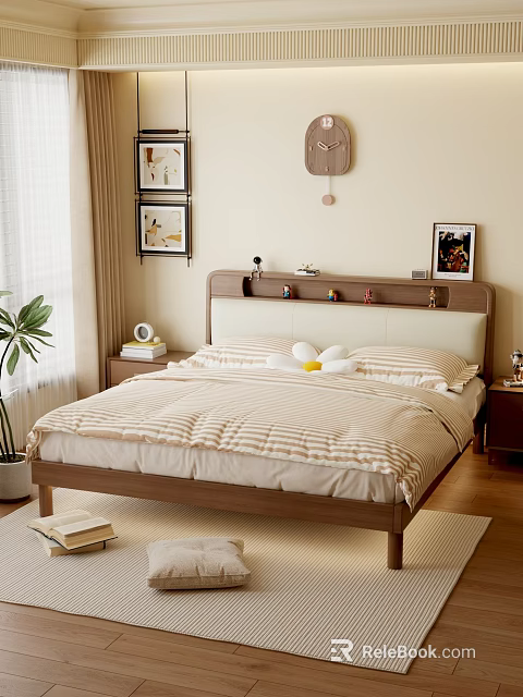 Modern Bedroom Double Bed with Wooden Headboard Beige Bedding Nightstand Green Plant and Wall Art 3d model 