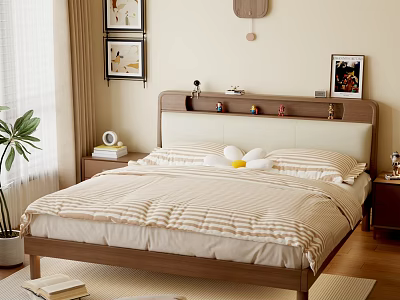Modern Bedroom Double Bed with Wooden Headboard Beige Bedding Nightstand Green Plant and Wall Art 3d model