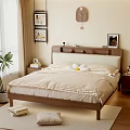 Modern Bedroom Double Bed with Wooden Headboard Beige Bedding Nightstand Green Plant and Wall Art