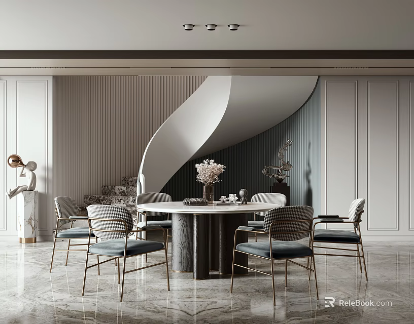 Modern Restaurant Interior Featuring Round Dining Table Upholstered Chairs Curved Wall And Marble Floor 3d model 