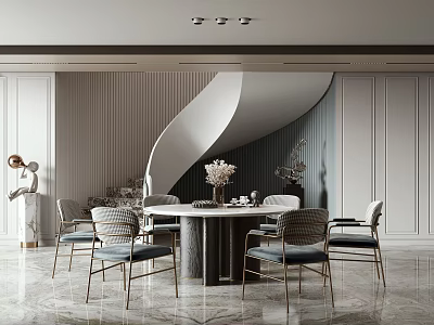 Modern Restaurant Interior Featuring Round Dining Table Upholstered Chairs Curved Wall And Marble Floor 3d model