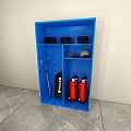 Blue Wall Mounted and Freestanding Storage Racks with Compartments Labeled Boxes Round and Tire Objects 3d model