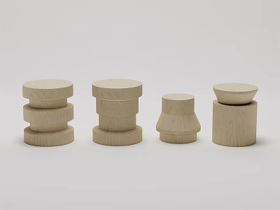 Set Of Natural Wooden Stools With Various Simple Modern Designs And Wood Finish 3d model