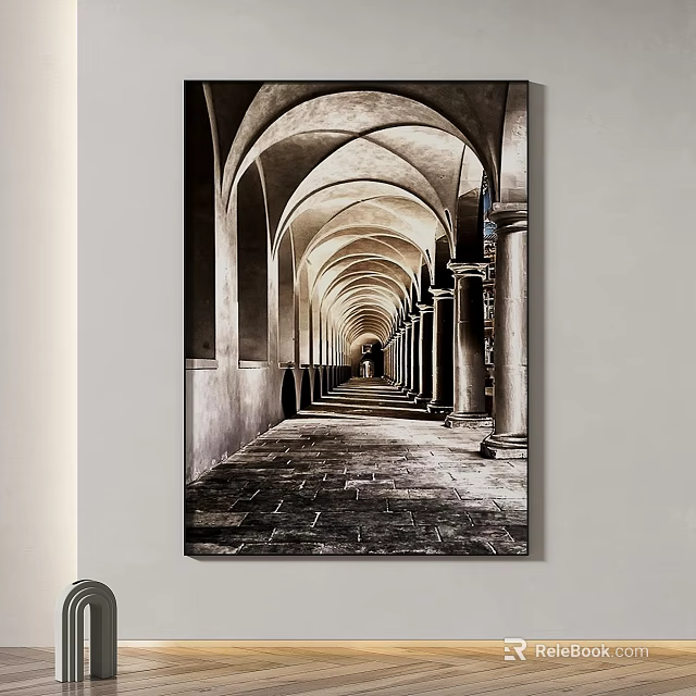 Vintage Corridor Wall Art With Arched Ceilings Columns And Stone Floor 3d model 