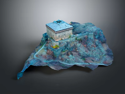 Square Building Model On Undulating Terrain With Blue Roof And Light Exterior 3d model