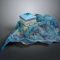 Square Building Model On Undulating Terrain With Blue Roof And Light Exterior