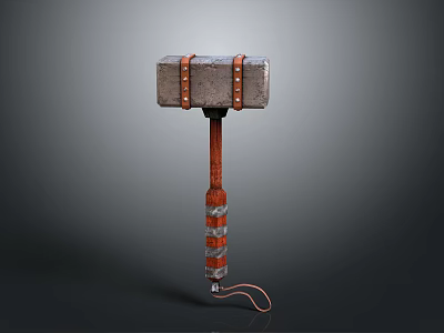 Rustic Iron Hammer With Leather Straps Red White Striped Wooden Handle And Rope 3d model