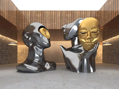 Silver And Gold Abstract Head Sculptures In Indoor Space With Wooden Stone Walls 3d model